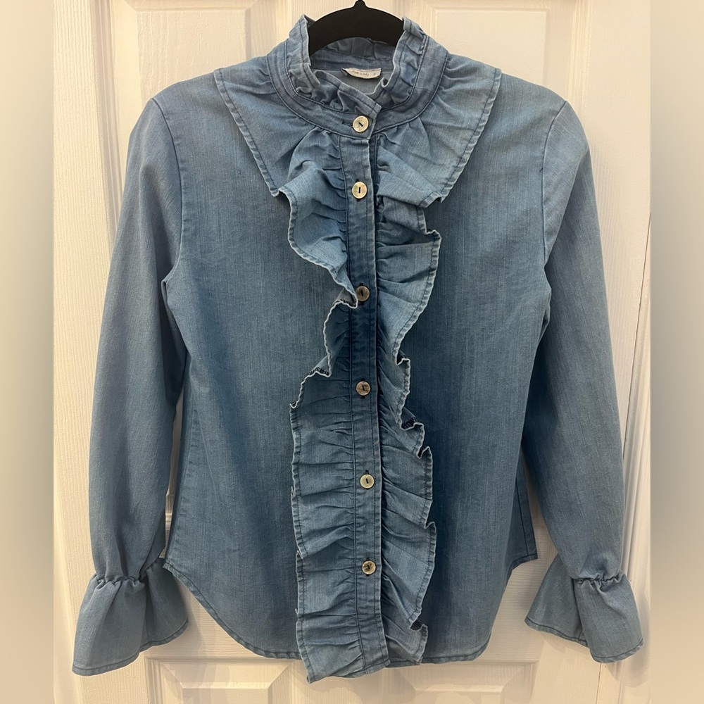 Line@Moda Ruffled Denim Button-Up Shirt